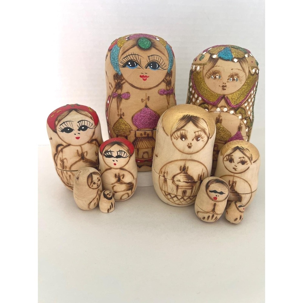Handcrafted Nesting Dolls Burned Burch Set Of 10 Signed‎ READ